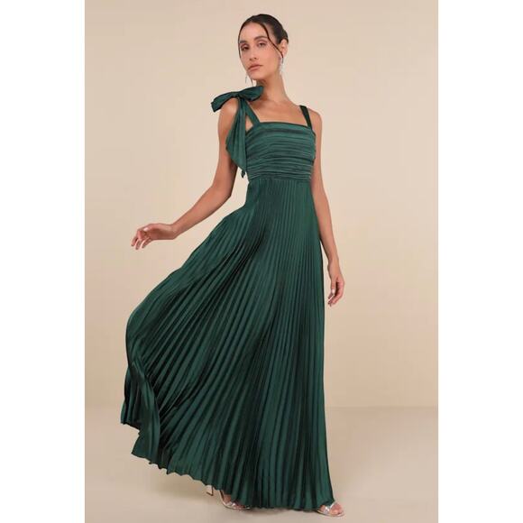 Lulus Dresses & Skirts - Lulus Emerald Green Satin Pleated Sleeveless Bow Maxi Dress Prom Glam NWT sz XS